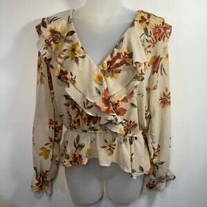 Ruffle Floral Peplum Blouse Long Sleeve V Neck Fall Top Cottagecore Boho M
